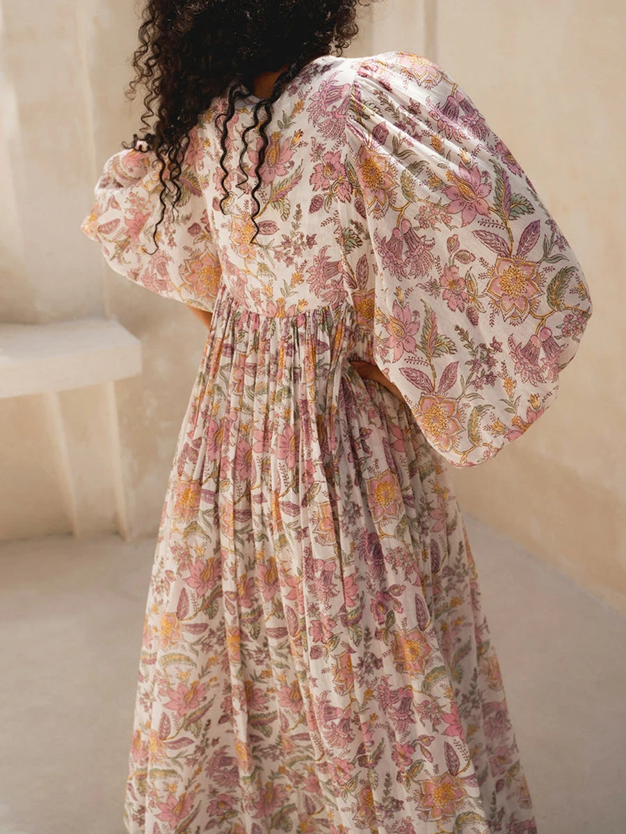 Women Floral Maxi Dress Y2k Boho Printed 3/4 Lantern Sleeve V Neck Dress Holiday Beach Loose Swing Sundress Party Clubwear
