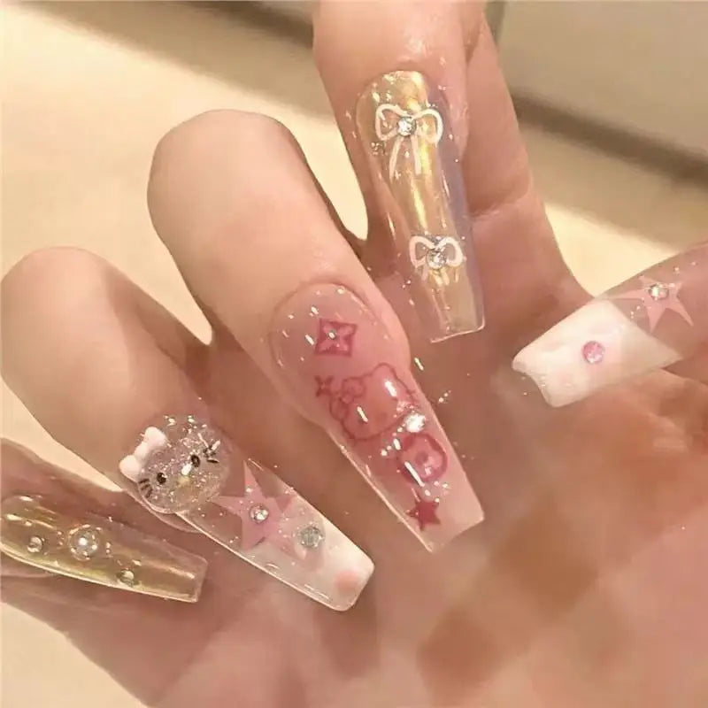Y2k Girls Hello Kitty Cat Wearing Nails Cute Nail Art Pink Tone Anime Ins Fake Nail Patches Cartoon Kawaii  Kt Cat Women Diy