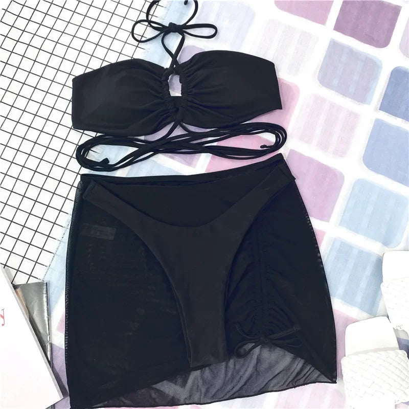 3 Pieces Cross Halter Bikinis Set 2025 Skirt Swimwear Women High Waist Drawstring Bandage Swimsuit Summer Biquini