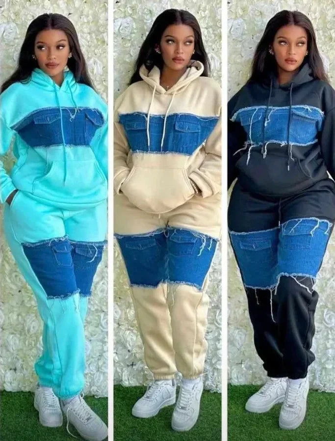 Pants Set Women Two Piece Sets Hooded Matching Sets Sweatshirts Long Pants High Waist Denim Splice Y2k Casual Jogger 2025