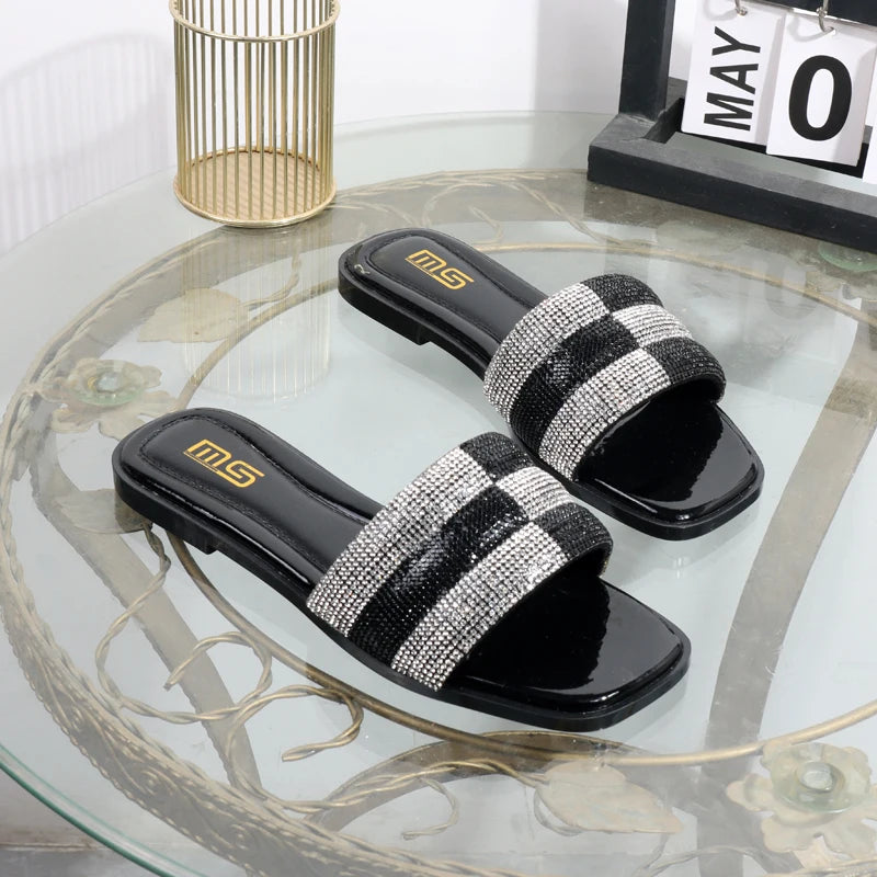 luxurious slippers 2025 rhinestone square toe fashion wear sandals  elegant flat bottom women's slippers black ladies shoes