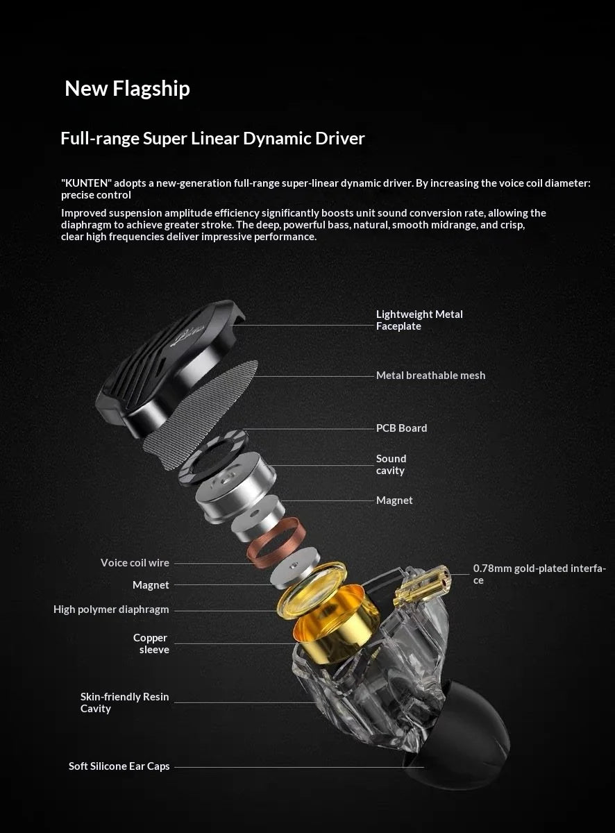 GK KUNTEN Dynamic Drive Headphones HIFI Heavy Bass Earbuds Sports Metal Headphones Detachable Eeadphones 2PIN KZ Zenith ED Gift