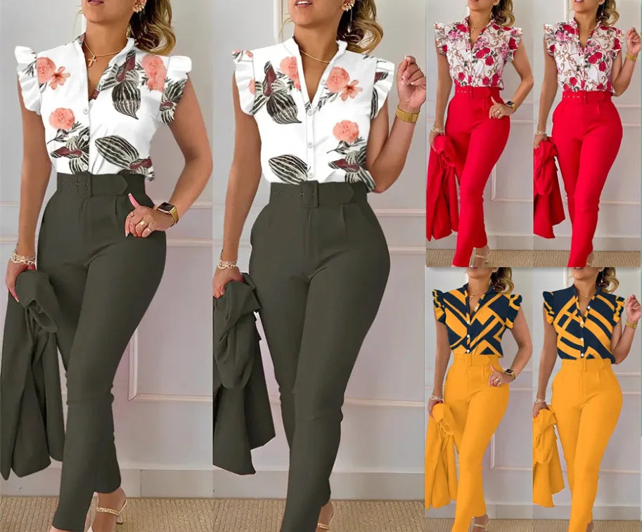 Spring Summer Women's New Printed Lotus Leaf Sleeveless Shirt Suit Elegant Slim Femal Office  Long Pants Belt Two Piece Set 2025