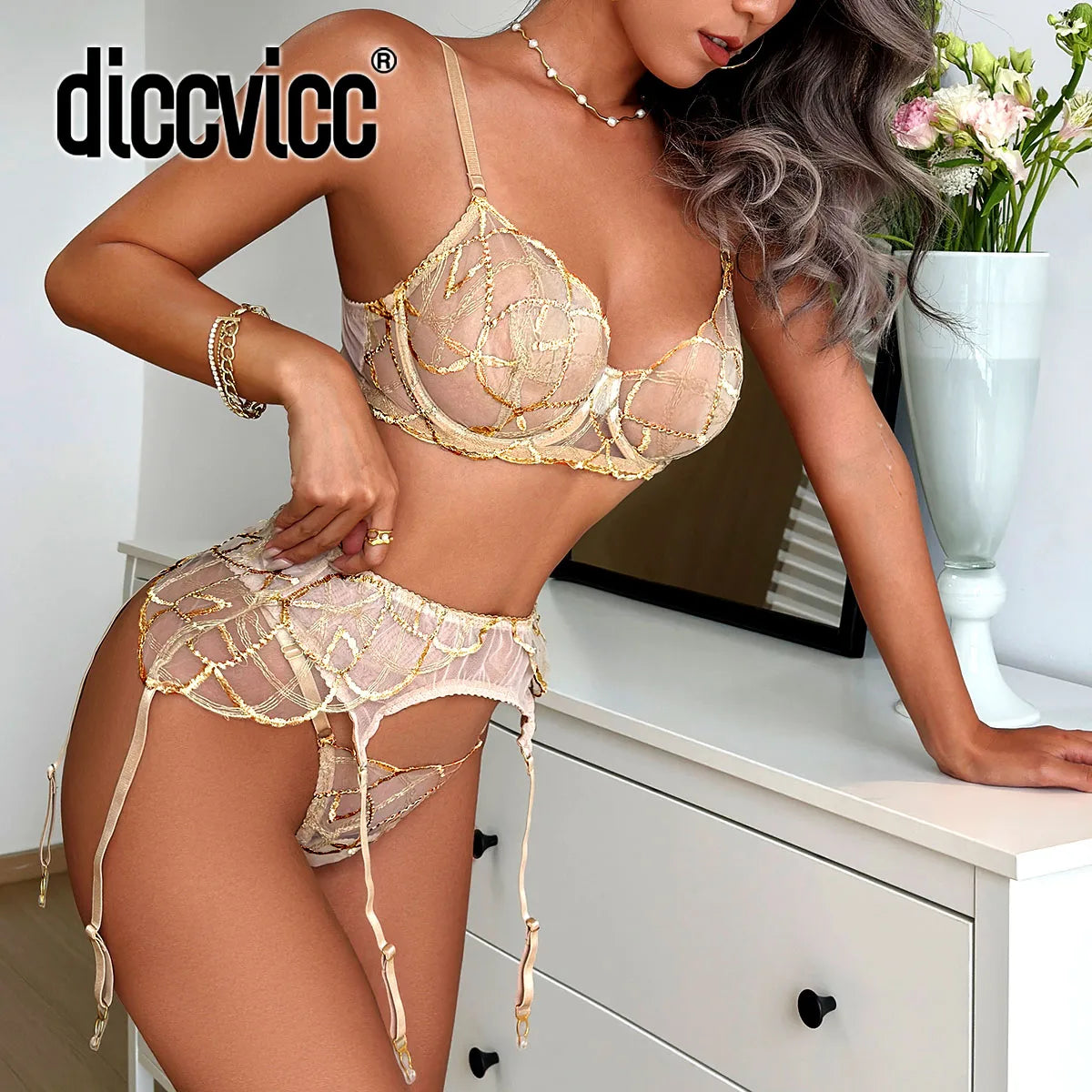 Diccvicc Elegant Lace Lingerie See Through Embroidery Floral Women Underwear 3 Pieces Bra Garter Set Sexy Outfit Intimate Kits