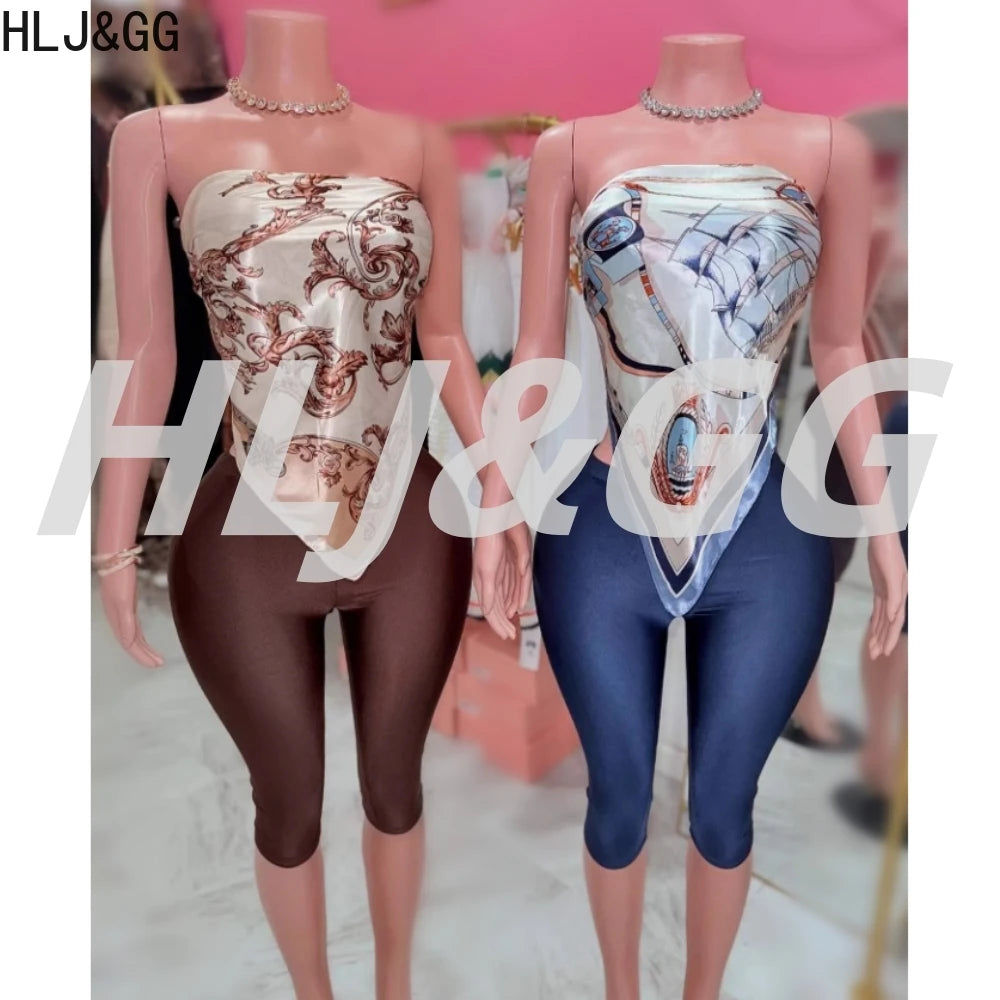 HLJ&GG Sexy Retro Pattern Print Two Piece Sets Women Sleeveless Backless Scarf Crop Top And Shorts Outfit Y2K Fashion Streetwear