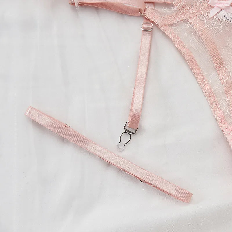 Sexy Lace Lingerie Set with Feather Women's Chain Perspective Underwear Garters Exotic Apparel Suit Female Solid Transparent Bra