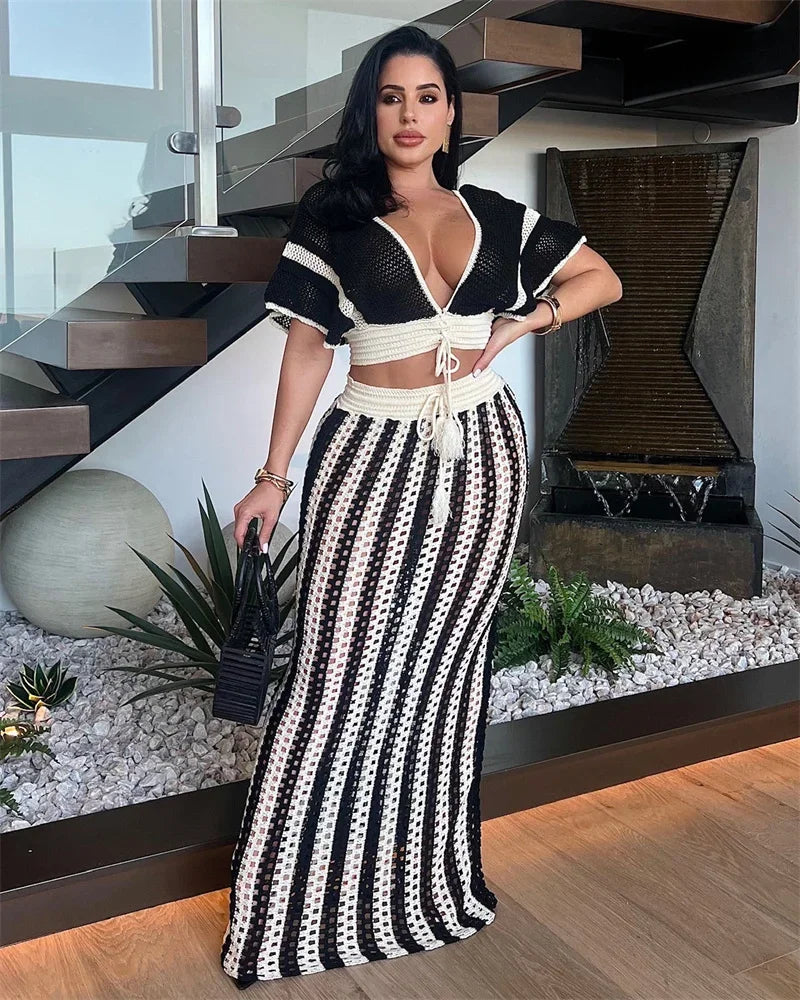 Striped Knitted Two Piece Set Women Outfit Y2K Clothes Clubwear Party Hollow Out V-neck Crop Top and Long Skirt Maxi Dress Sets