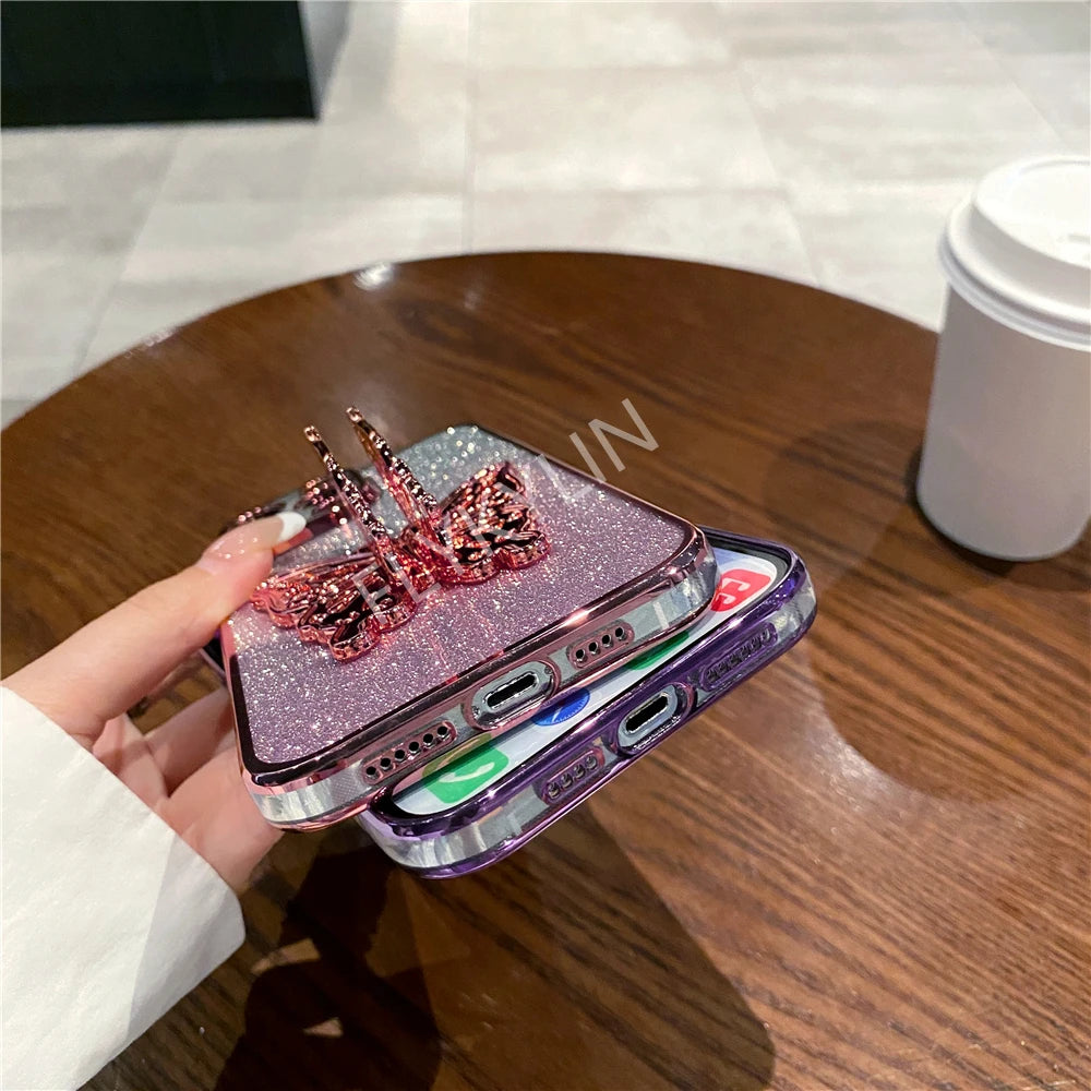 3D Butterfly Phone Holder Bead Bracelet Glitter Plating Case For iPhone 16 15 13 12 11 14 Pro Max XS Max XR 7 8 Plus Stand Cover