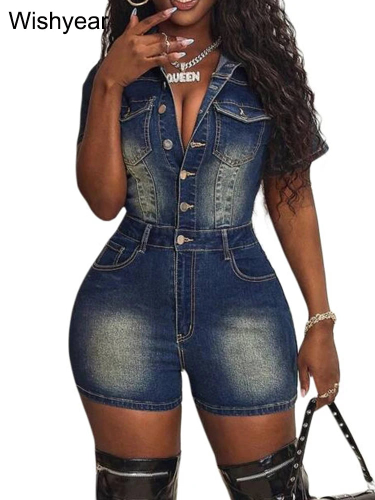 Fashion Denim Shorts Jumpsuits for Women Washing Short Sleeve Buttons Playsuits One Pieces Rompers Female Streetwear Overalls