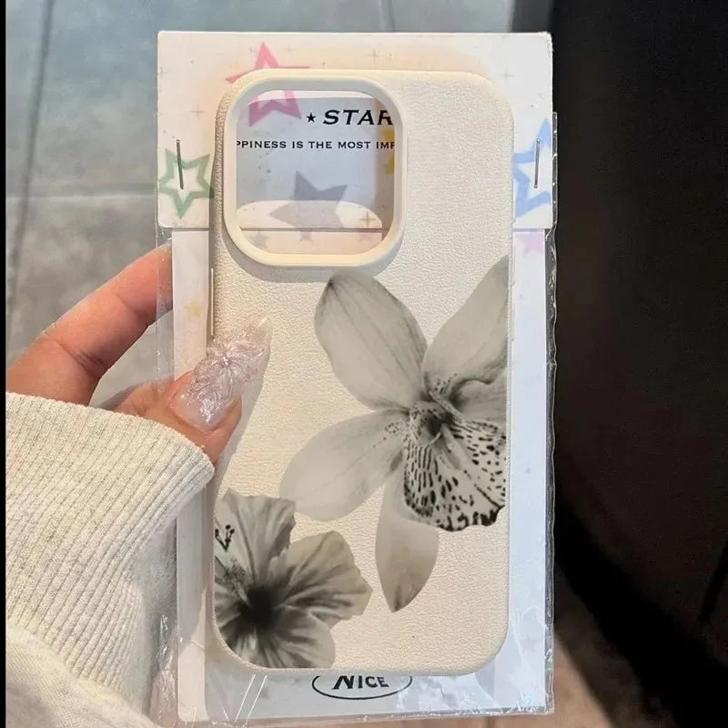 Black & White Floral Pattern Phone Case For iPhone 16 17 15 14 Pro Max 12 11 13 Plus 17 Air Lichee Pattern Soft Phone Cover
