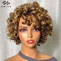 UNice Hair Blonde Curly Wig 100% Human Hair Bouncy Curly Wig with Bangs Open Cap Machine Wigs for Women 8Inch Short Afro Wig