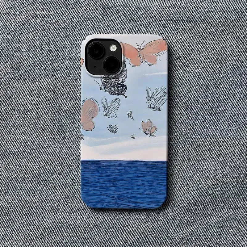 Ins Blue Sea Butterfly Phone Case for IPHONE 17 16E 15 PROMAX 14 Plus 13 12 MINI 11 PRO 16Plus XR XS SE 7 8 Acrylic Phone Cover