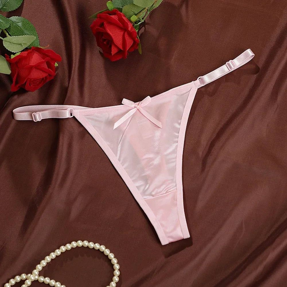 New Adjustable Girls G-Strings Pants Satin Cotton Crotch T-Back Women's Sexy Thin Strap Bow Underwear Plus Size
