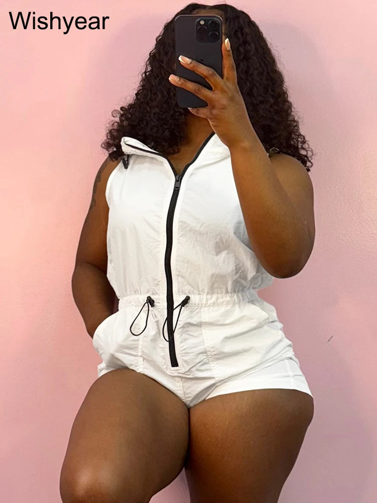 Casual Women's Short Jumpsuits Summer Sleeveless Zipper Front Drawstring Waist Playsuits Pocket One Pieces Romper Streetwear y2k