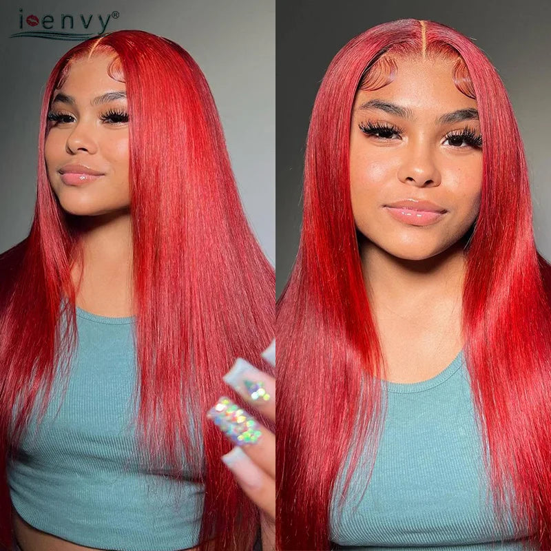 99J Red Colored Lace Front Human Hair Wigs Silky Straight 13X4 13X6 Burgundy Hd Transparent Pre Plucked Lace Frontal Wigs 180%