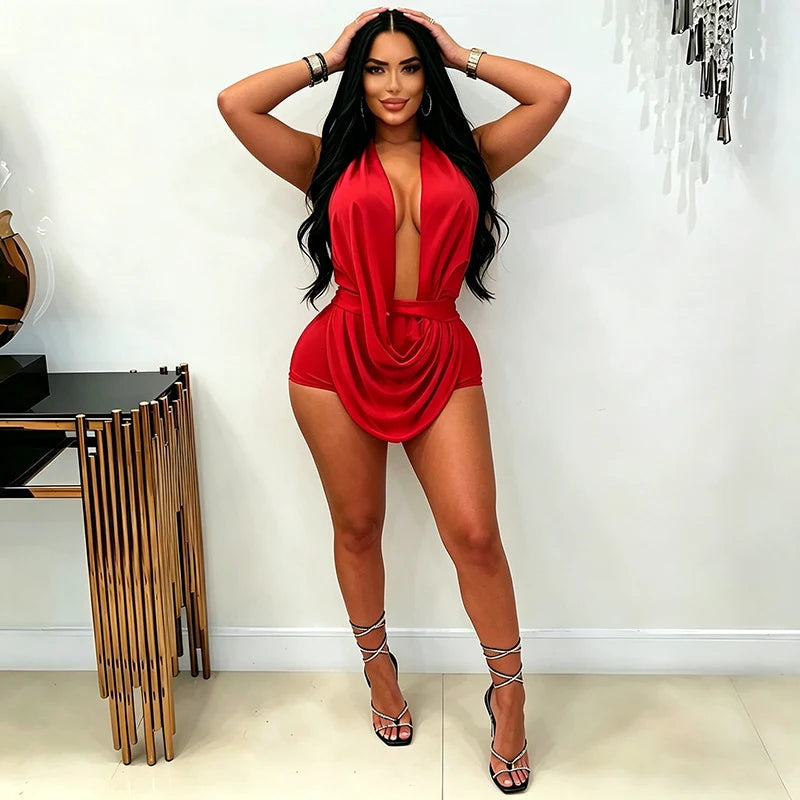 Sexy Deep V-neck Halter Backless Bodycon Rompers Woman Playsuit Sleeveless Ruched Jumpsuit Short Overalls Night Party Outfits