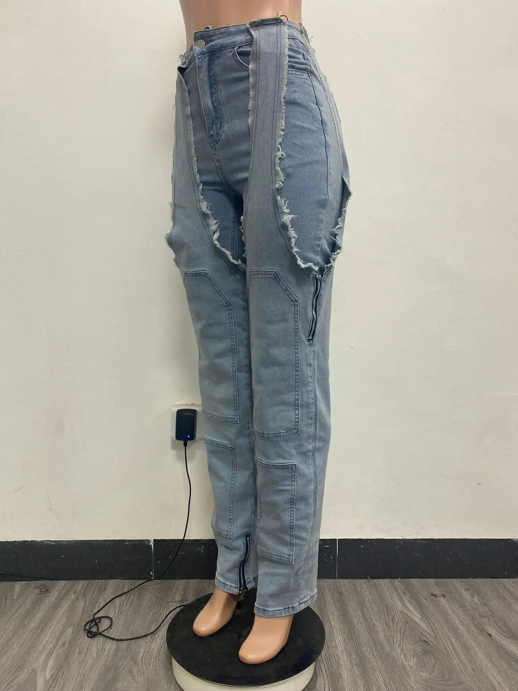 Jeans Women Straight Pants Hollow Out Zipper High Strecth Pockets Irregular Denims Vintage Distressed Streetwear 2025 Trousers