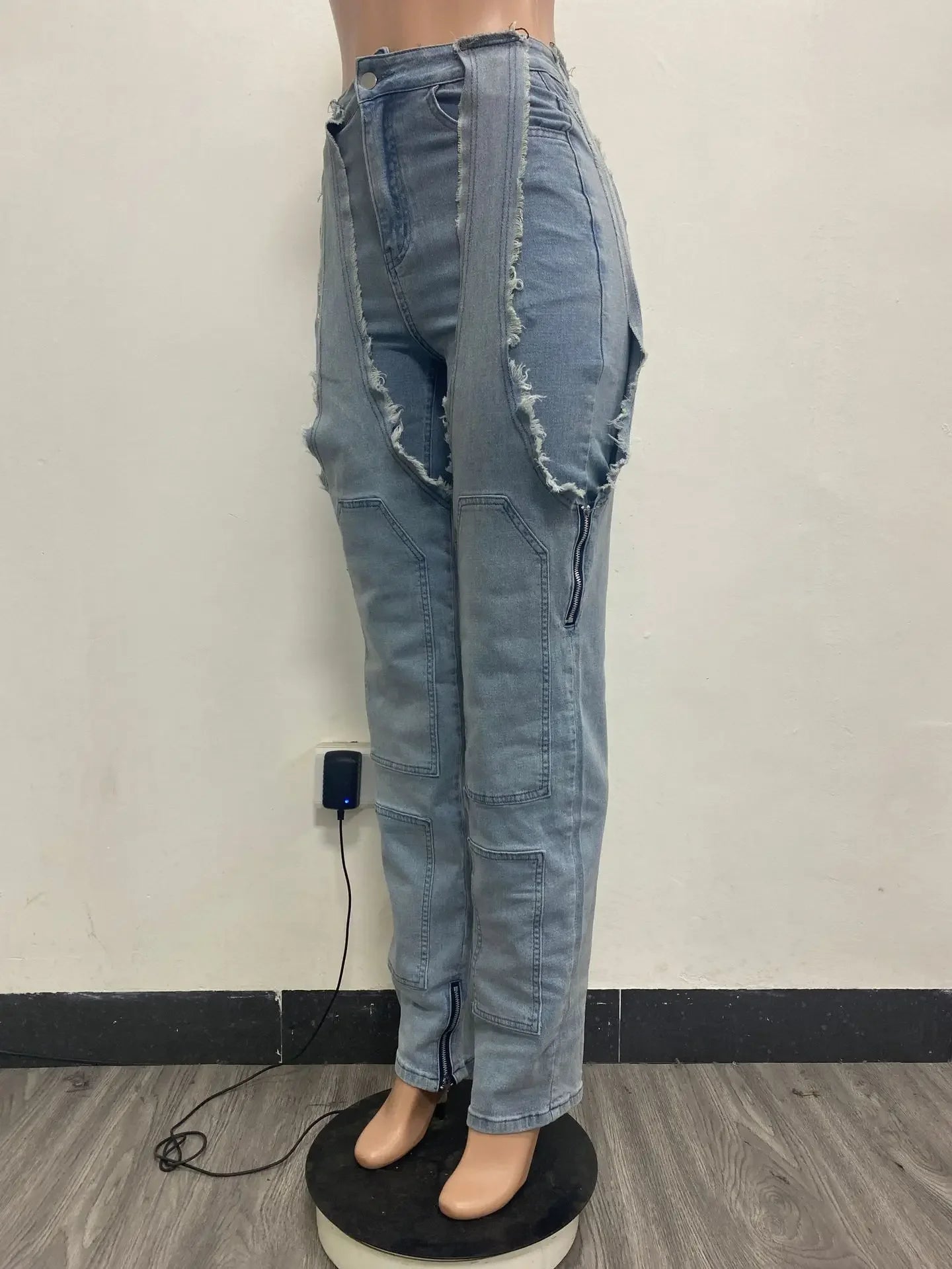 Jeans Women Straight Pants Hollow Out Zipper High Strecth Pockets Irregular Denims Vintage Distressed Streetwear 2025 Trousers
