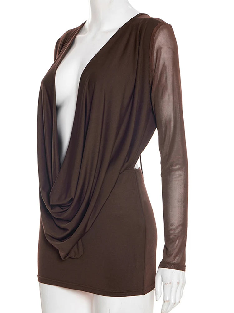 Beyprern Sexy Deep V Neck Backless Mini Dress Women Elegant Long Mesh Sleeve Bodycon Party Dresses Drape Clubwear Vestidos
