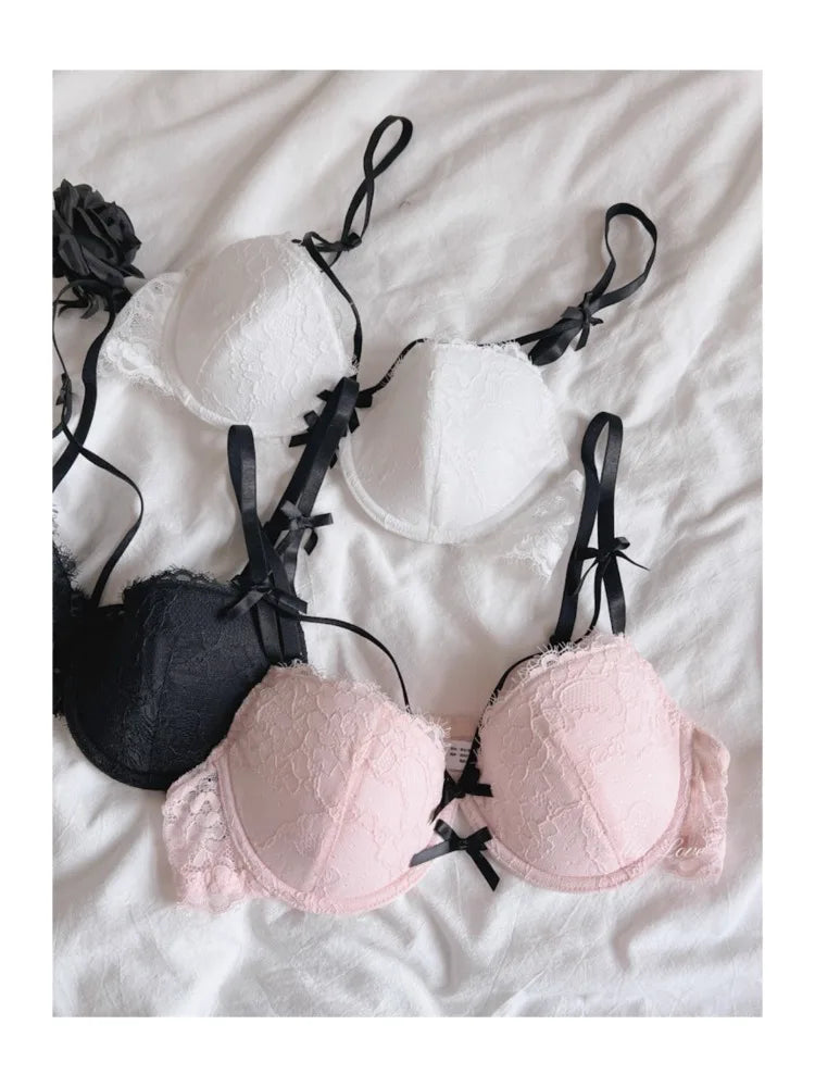 MOYISU Light Luxury High-end Beauty ~ Master Crafty Thin Bow Sexy Lace Pure Desire Big Chest Small Push-up Underwear Set