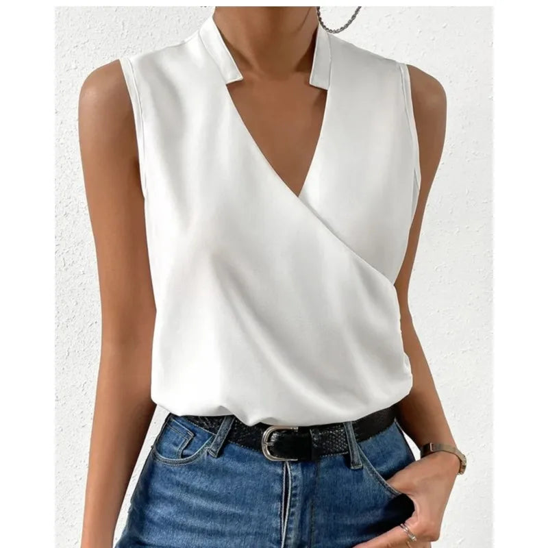 New Tees Women's 2024 Summer Slim V-neck Sexy Simple Style Printing T-shirts Sleeveless Vintage Casual Temperament Ladies Tops