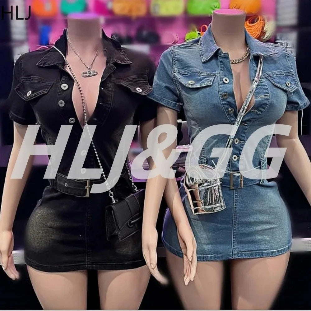 HLJ Fashion Denim Bodycon Mini Dresses Women V Neck Short Sleeve Slim Vestidos Summer New Cowboy Stretchy Streetwear Dress 2025
