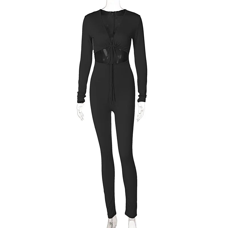 Summer Y2K Streetwear Women's Sexy Hollow Out Jumpsuits Bandage Tie Long Sleeve Bodycon Playsuits Women Clothes Gothic Rompers