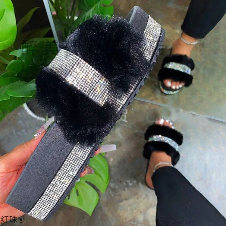 2026 Women's New Thick Bottom Water Diamond Hairy Slippers for Women's Autumn and Winter Flat Bottom Large Anti slip Slippers