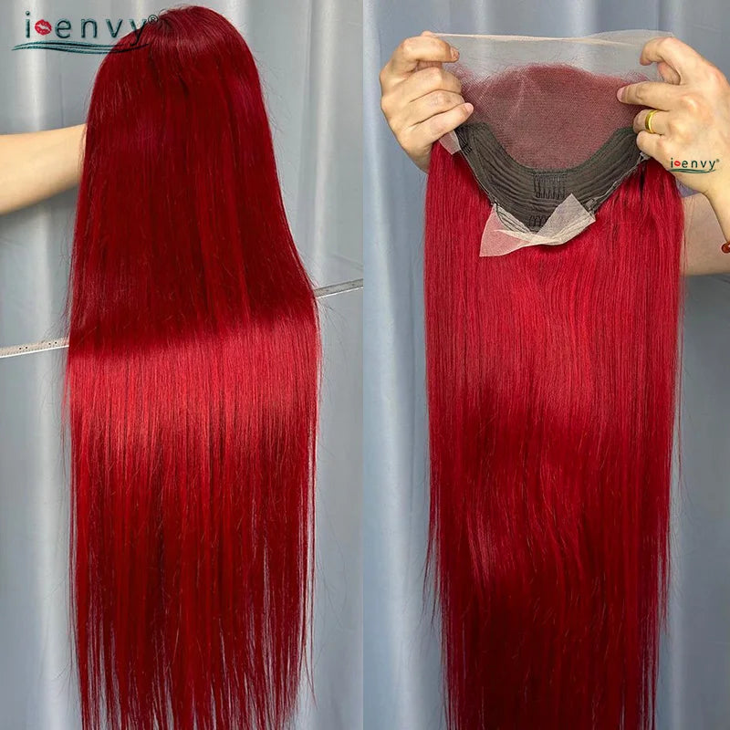 99J Red Colored Lace Front Human Hair Wigs Silky Straight 13X4 13X6 Burgundy Hd Transparent Pre Plucked Lace Frontal Wigs 180%