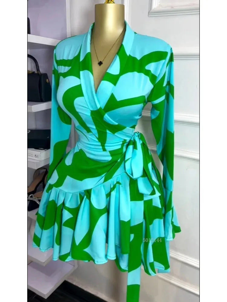 Elegant Women Tie Dye Print Flare Long Sleeve Wrap V-neck with Sashes Ruffle Dress 2026 Elegant Vacation Party Birthday Dresses