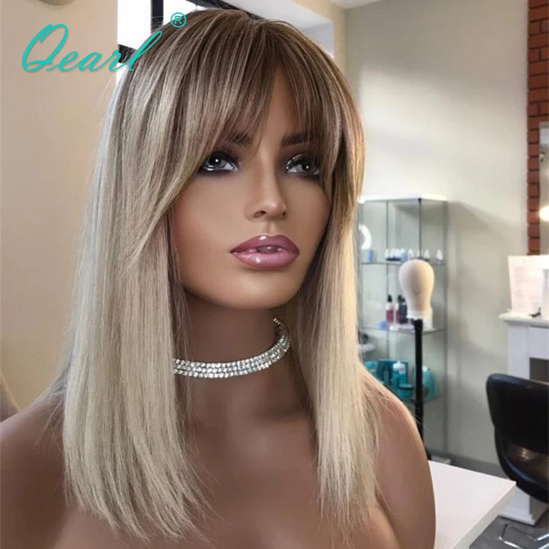 New in Short Bob Straight Human Hair Wig with Bangs Ombre Ash Blonde Brazilian Lace Front Wigs Fringe for Women Glueless Qearl