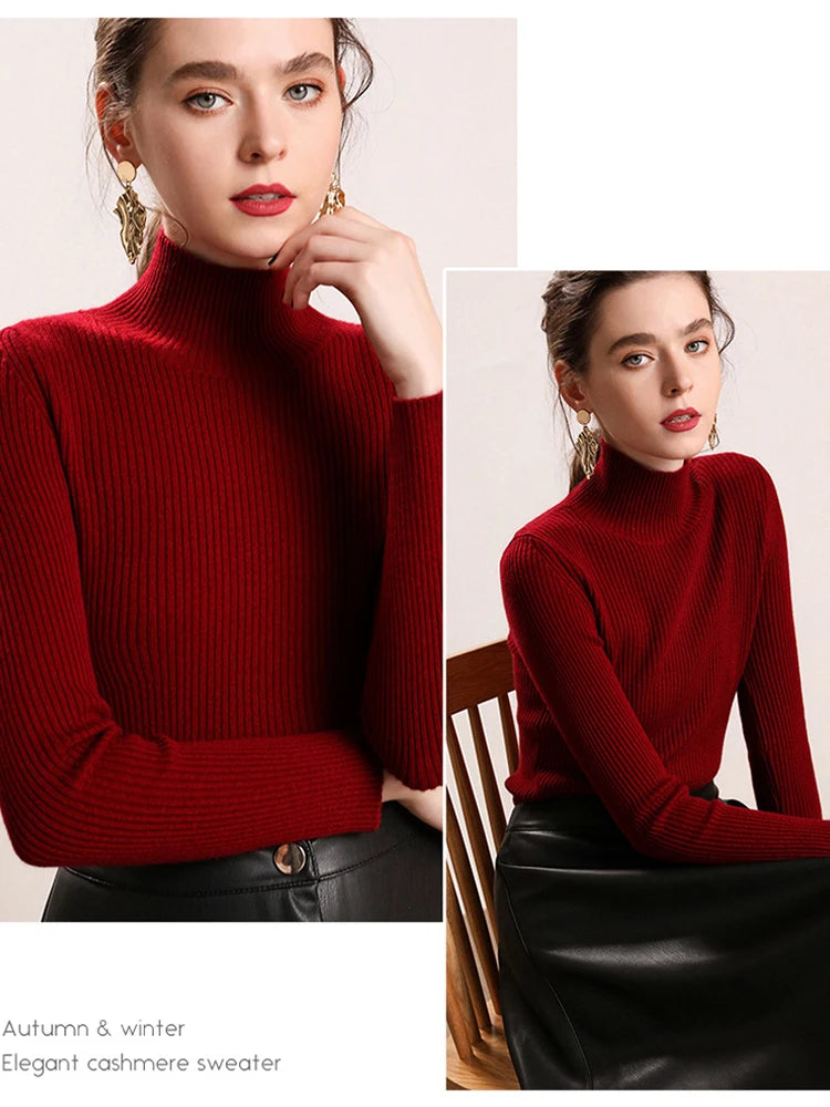 Autumn Winter Women Pullover Sweater Fashion Half Turtleneck Knitted Female Jumper Long Sleeve Winter Soft Elastic Tops