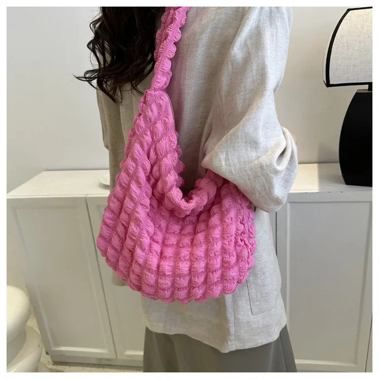 Fashion Pleated Design Shoulder Bag Cute Pleated Bubbles Solid Color Tote Bag Large Capacity Embroidered Satchel Bags Women