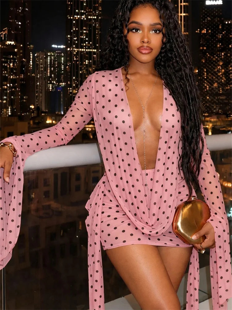 Kliou Sexy Polka Dot Print Mini Dress Woman Swing Collar Backless Batwing Sleeve Tassel Hot Girls Club Party Fashion Bodycon
