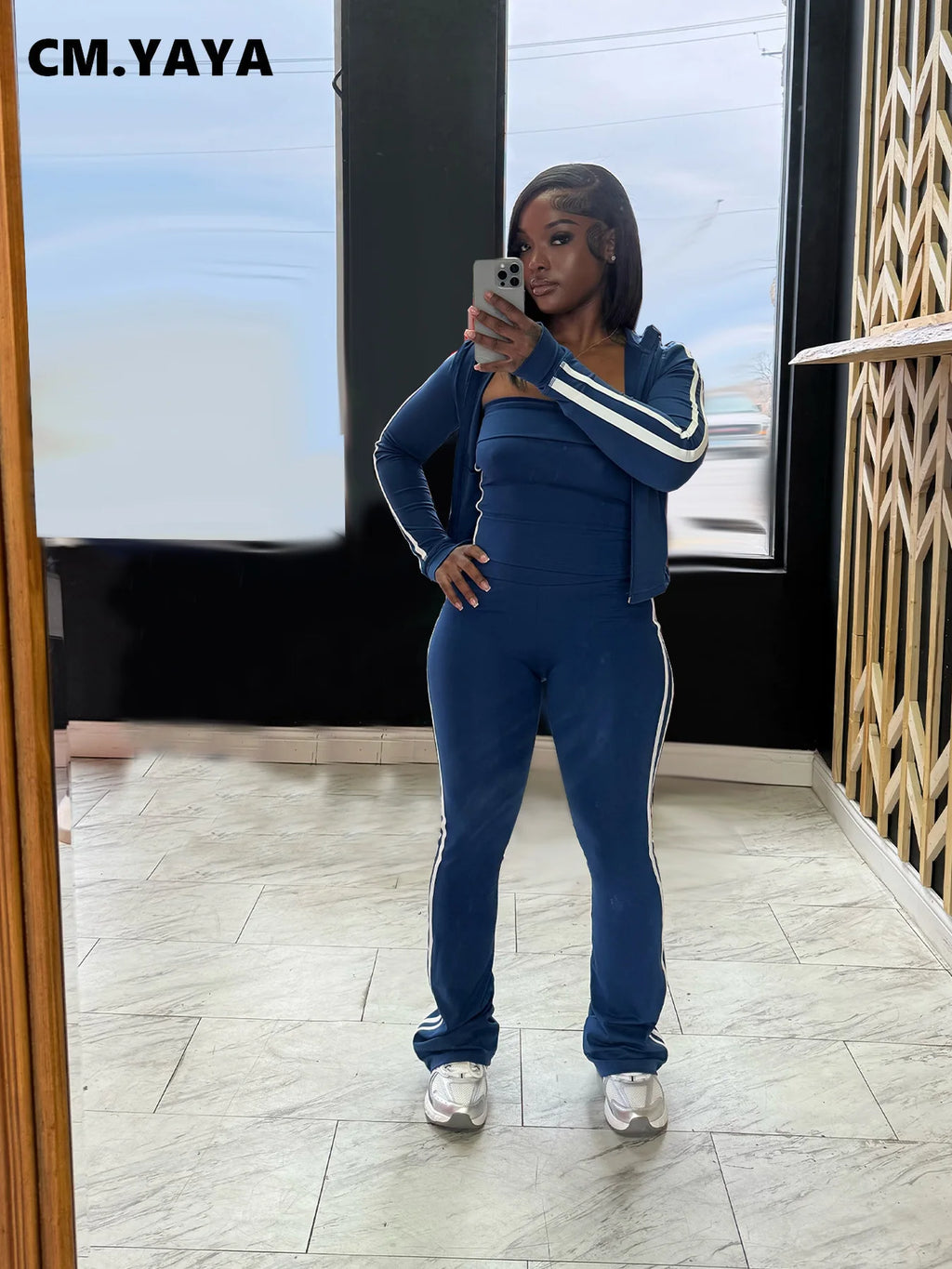 CM.YAYA Women's Set Long Sleeve Cargidan +strapless and Striped Pants Suit Three 3 Piece Set 2025 Street Active Outfit Tracksuit