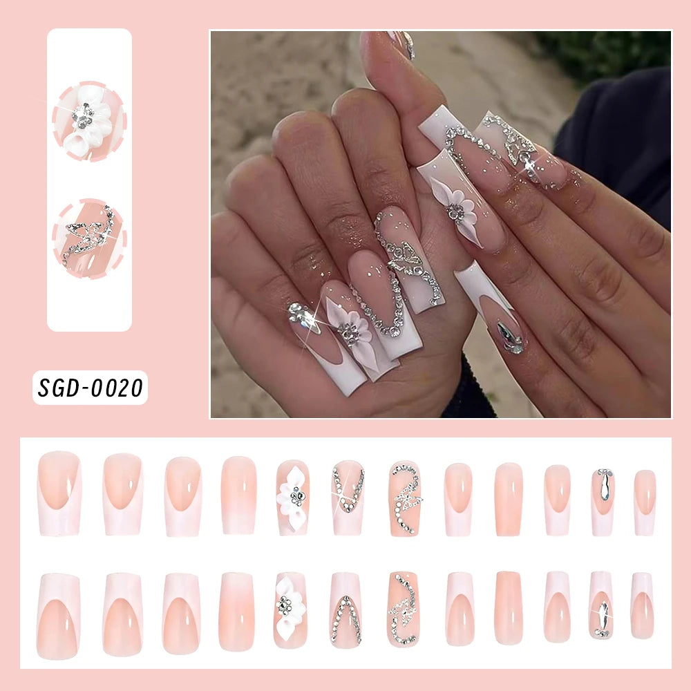 24Pcs Long Coffin French Fake Nails with 3D Butterfly Flower Rhinestones Handmade Press On Nail  Datachable Square False Nailtip
