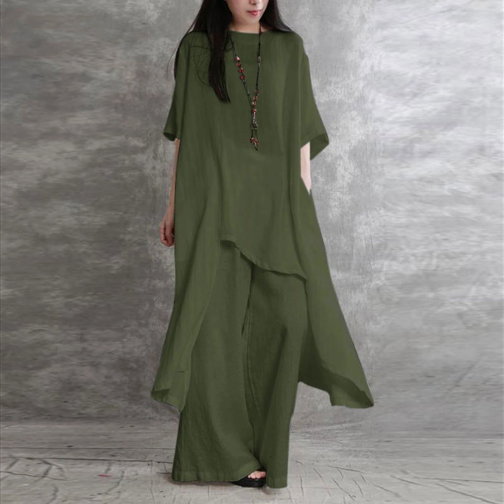 Simple Women Tops Pants Set Cotton Blend Short Sleeve Breathable Elastic Waist Outfit Suit  T-shirt Pants Set Comfy