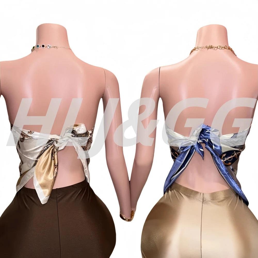 HLJ&GG Sexy Retro Pattern Print Two Piece Sets Women Sleeveless Backless Scarf Crop Top And Shorts Outfit Y2K Fashion Streetwear