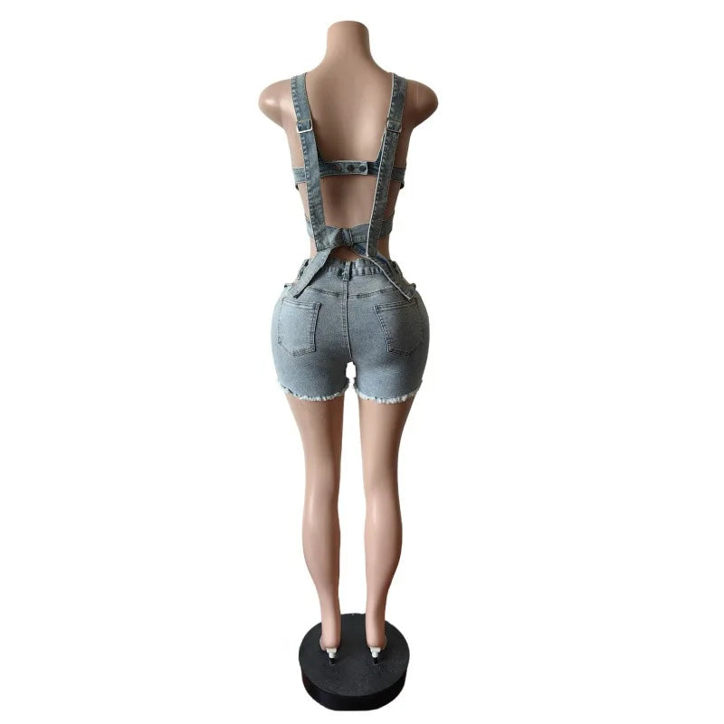 FAGADOER Summer New Sexy Denim 2 Piece Sets Woman Outfit  Y2k Streetwear Spaghetti Strap Sleeveless Crop Top and Shorts Suit