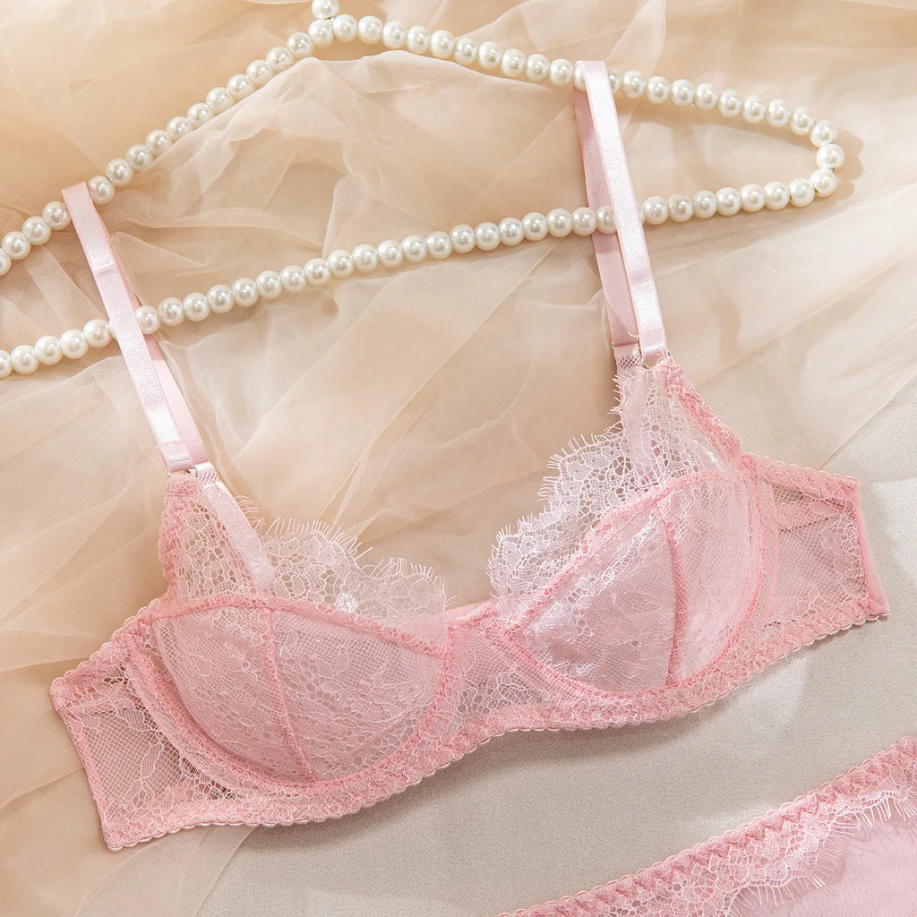 Ellolace Fancy Lingeries Sexy Hot Elegant Bra 3PC Set with Leg Circles Sissy Solid Color Intimate Eyelash Lace Patchwork Costume
