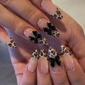 24pcs Wearable Brown Fake Nails Fashion Leopard Print 3D bowknot Design Press on Nails Tips French False Nail Set woman almond
