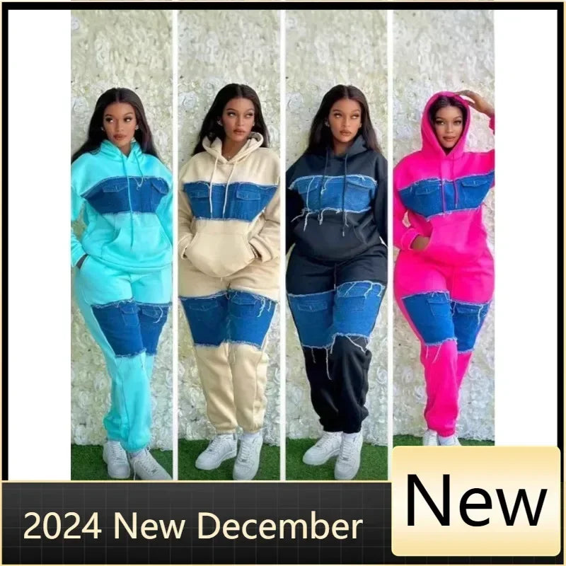 Pants Set Women Two Piece Sets Hooded Matching Sets Sweatshirts Long Pants High Waist Denim Splice Y2k Casual Jogger 2025