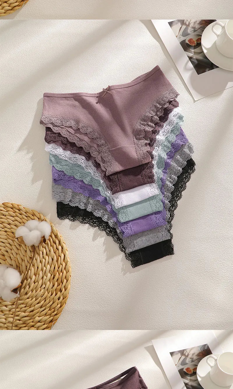 FINETOO 6Pcs/Set Women Cotton Panties Floral Lace Intimate Underwears M-XXL Trendy Patchwork Lace Briefs Female Soft Underpants