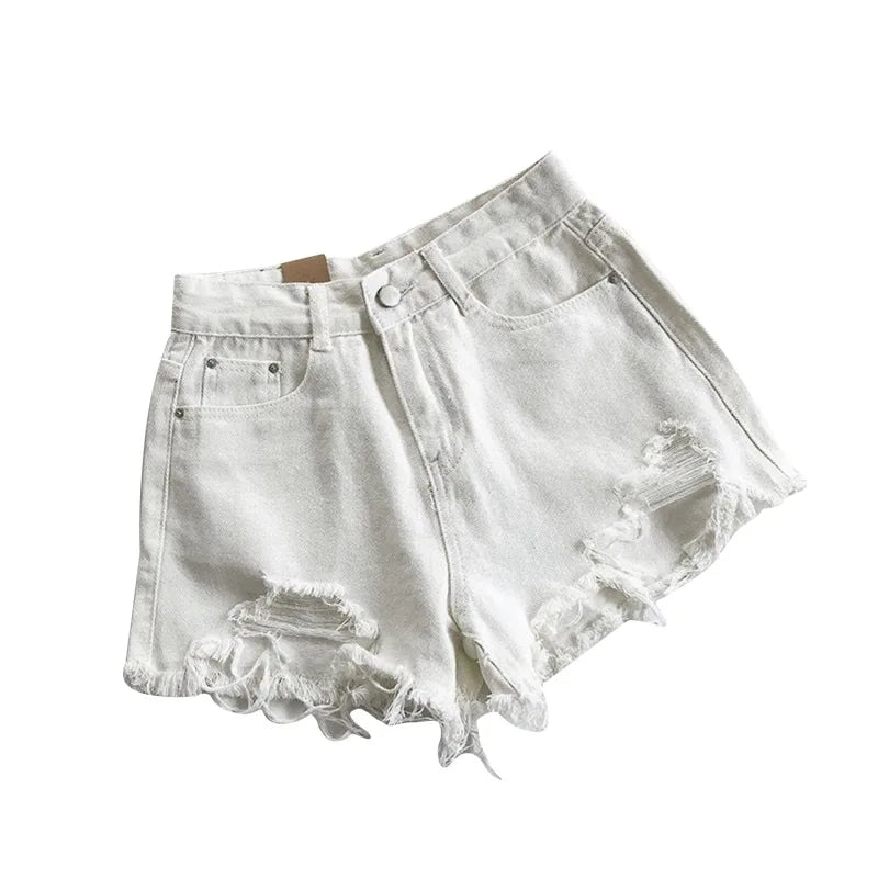 Korean Denim Shorts Women Summer Fashion Casual High Waist Ripped Jeans Pocket Tassel Hot Pants Streetwear Blue Trousers