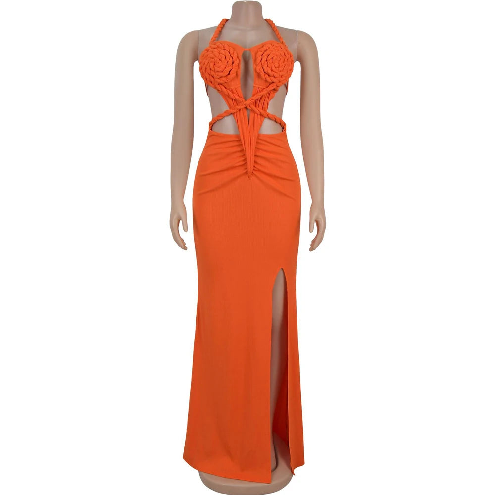Hemp Rope Halter Neck Stacked Ruched High Slit Knit Bodycon Knotted Maxi Dress for Women Summer 2025 Birthday Sexy Party Dresses