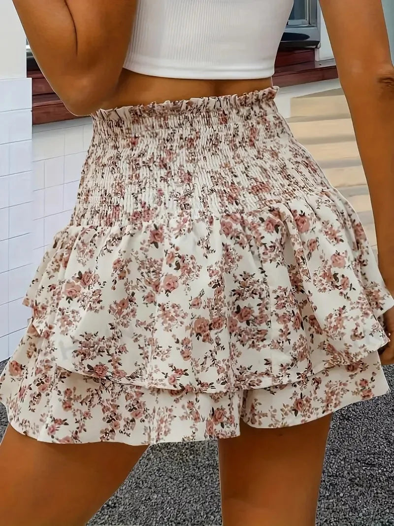 New Summer 2025 Women's Hot Pants Floral Fashion Elastic Waist Lace Hot Girl Girl Versatile Casual Layered Short Skirt