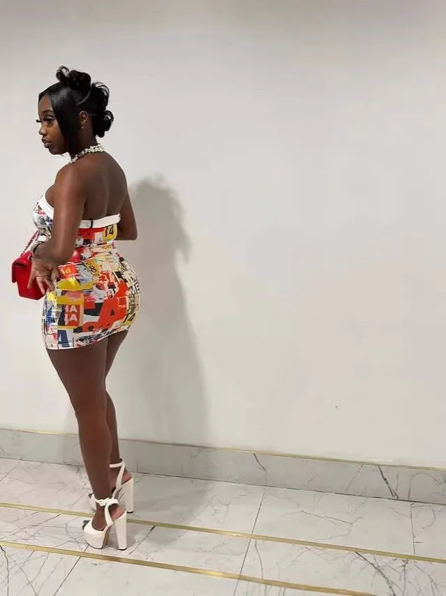 STYLISH LADY Trendy Letter Print Mini Dress 2026 Women Strapless Bodycon Casual Vacation Party Street Style Outfit