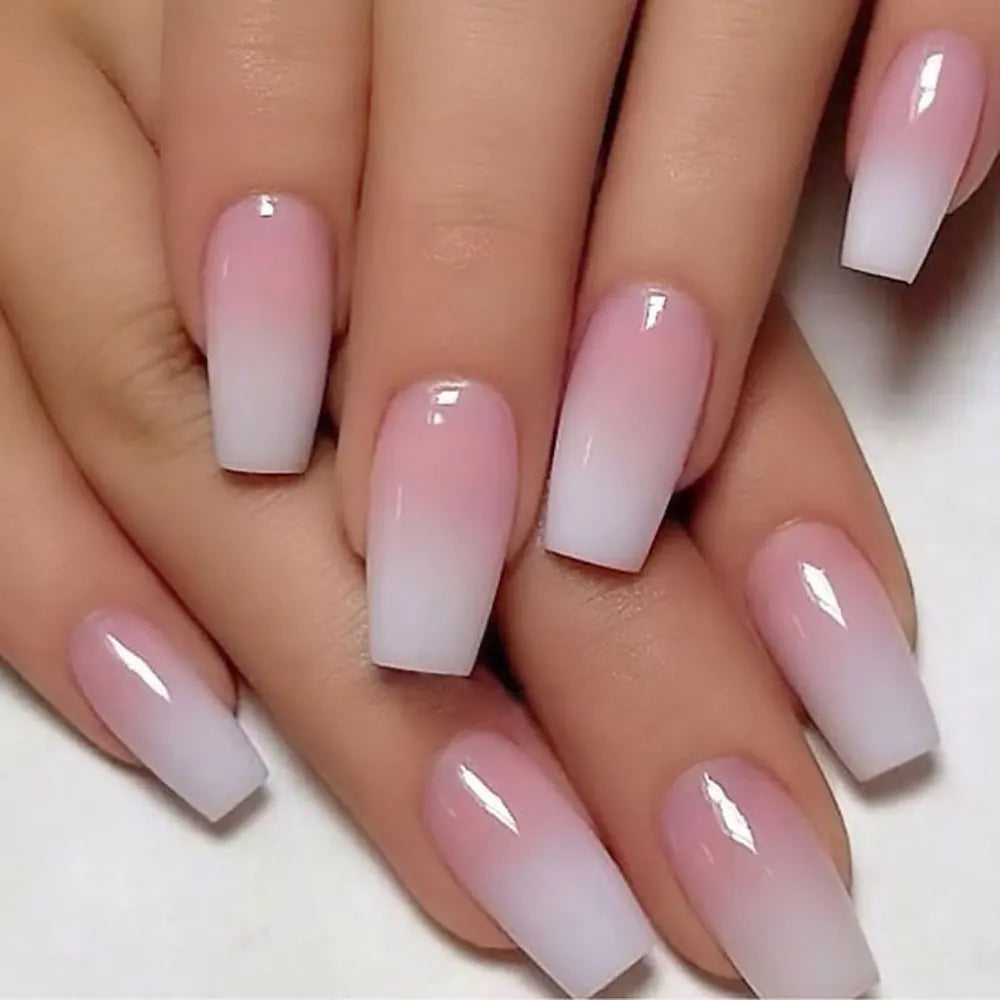 120pcs Pink Ombre Medium Coffin Press On Nails Glossy Handmade Acrylic Fake Nails Tips Gradient Design Artificial False Nails