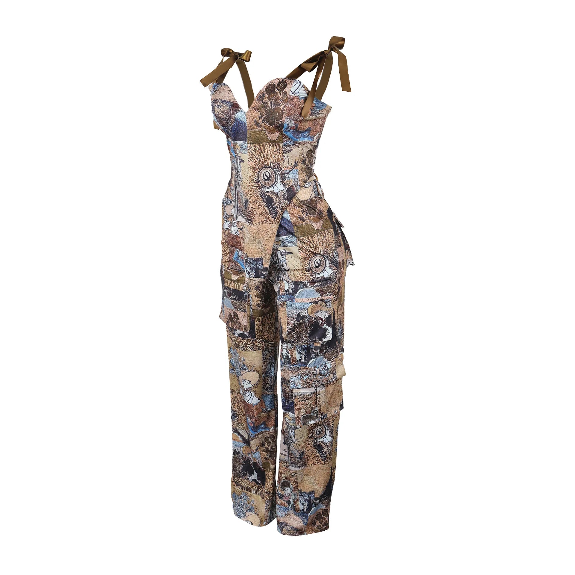 2 Piece Sets Women Print Top Straight Pants Suit Multiple Pockets Strapless Floor Length Trousers Ensemble 2025 Sexy Outfits