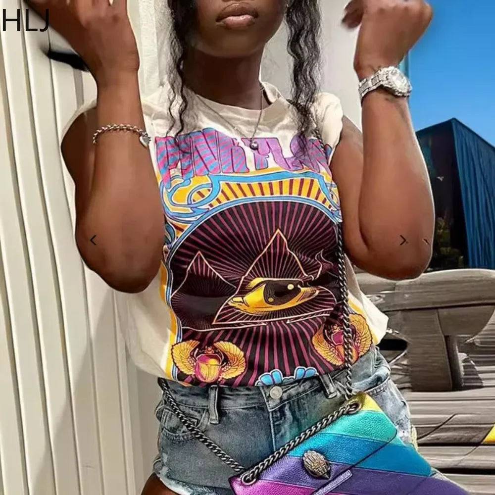 HLJ&GG Fashion Y2K Trend Streetwear Women Pattern Printing Round Neck Short Sleeve Slim Tshirts Summer New Hot Girl Hip Hop Tops